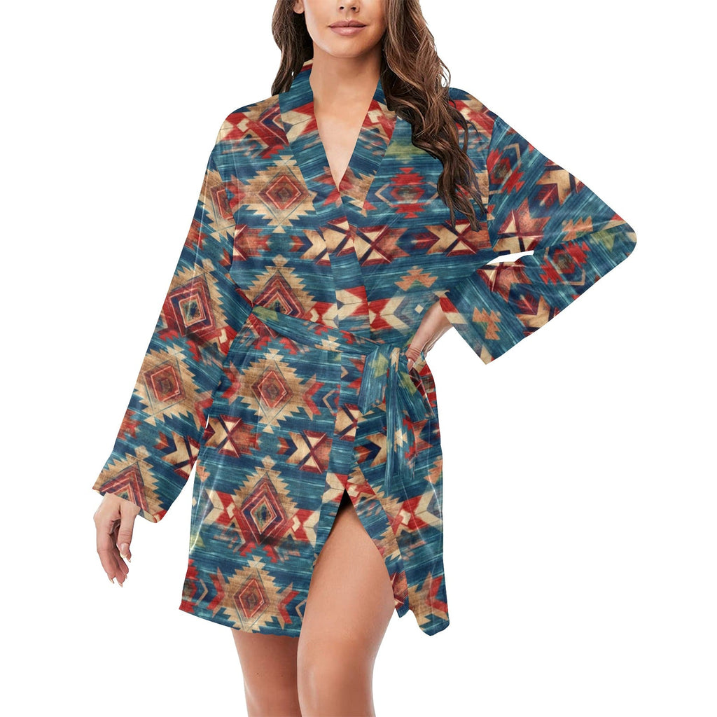 Baha Ranch Blue Aztec Women's Long Sleeve Belted Satin Feel Dressing Lounge Robe by Baha Ranch Western Wear