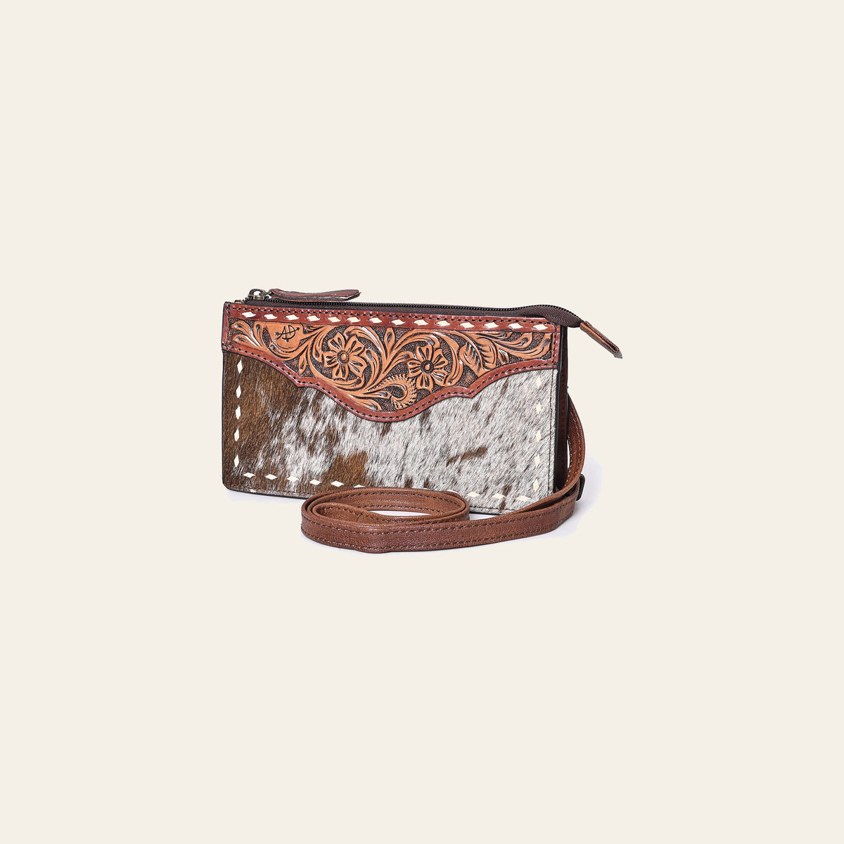 American Darling Hair-On Cowhide & Hand-Tooled Leather Small Crossbody Bag – Genuine Leather Western Purse with Adjustable Strap, Handmade in Texas