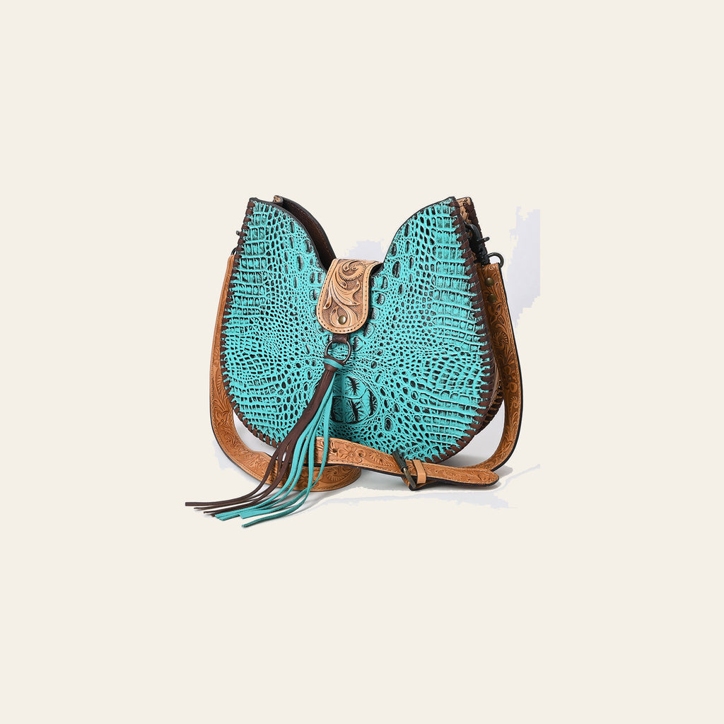 American Darling Turquoise Crocodile Embossed Leather Hobo Bag – Hand Tooled, Genuine Leather, Adjustable Strap, Western Handmade Purse