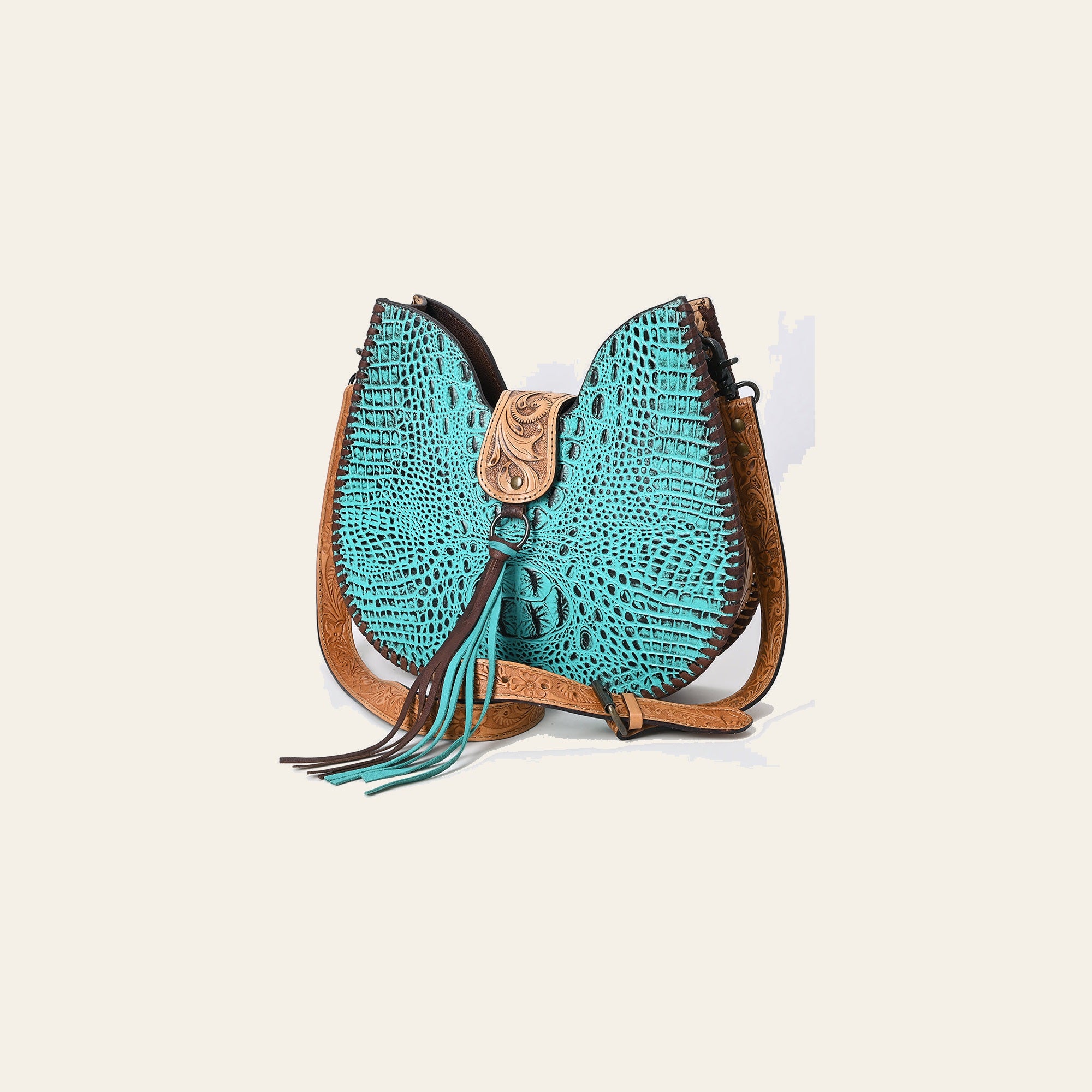 American Darling Turquoise Crocodile Embossed Leather Hobo Bag – Hand Tooled, Genuine Leather, Adjustable Strap, Western Handmade Purse