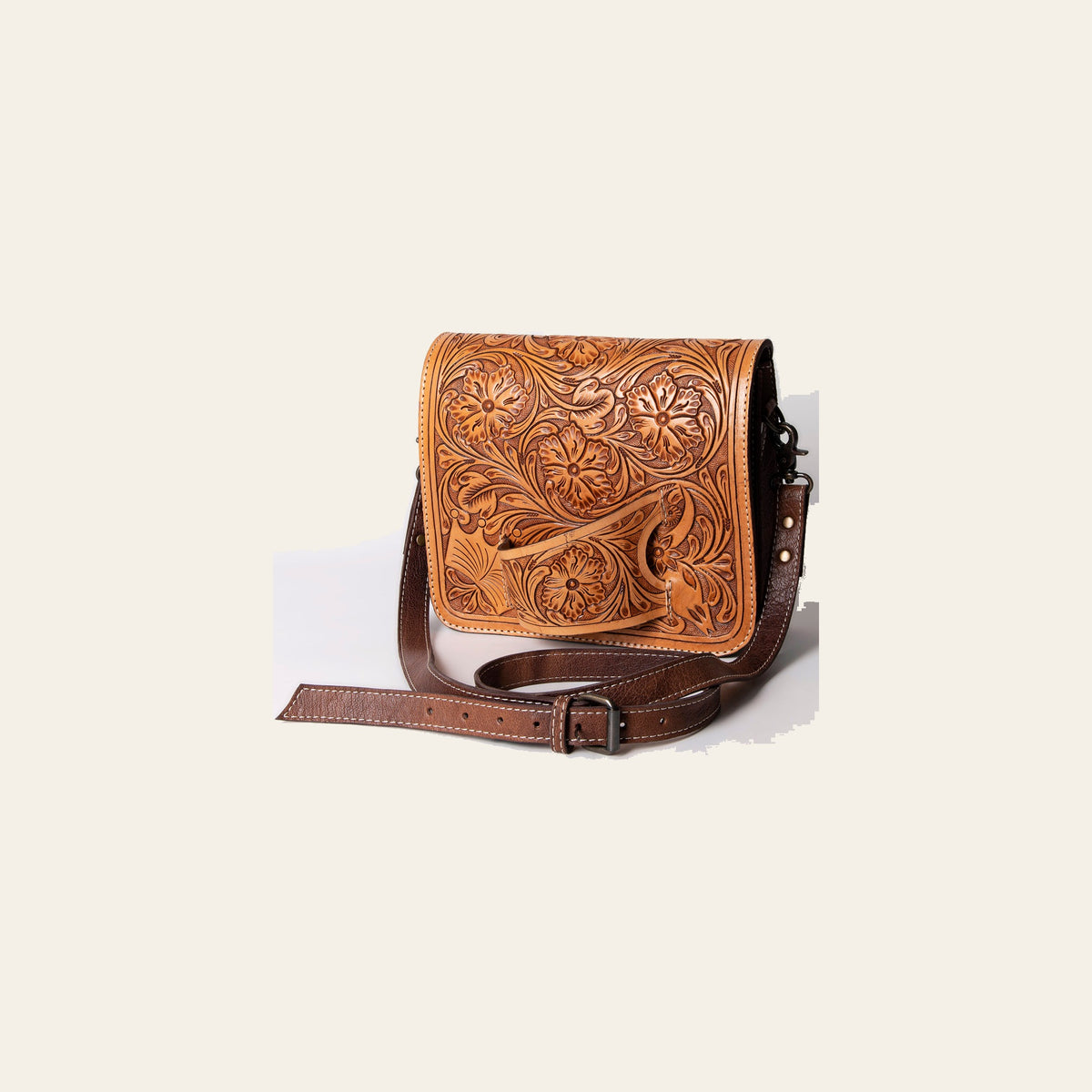 American Darling Hand-Tooled Western Leather Crossbody Bag – Genuine Floral Tooled Design, Adjustable Strap, Everyday Carry