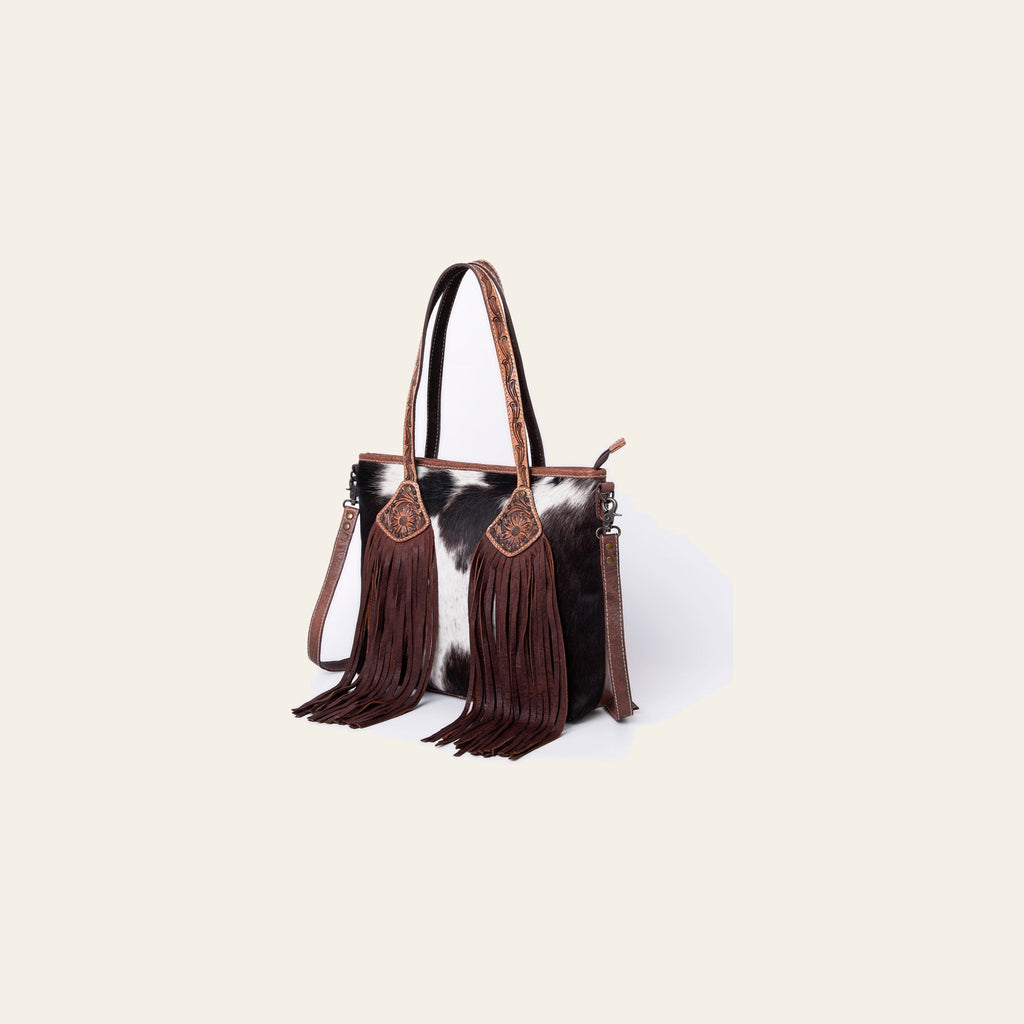 American Darling Hair-on Cowhide Leather Tote Bag – Fringed Western Style, Genuine Leather, Everyday Handbag