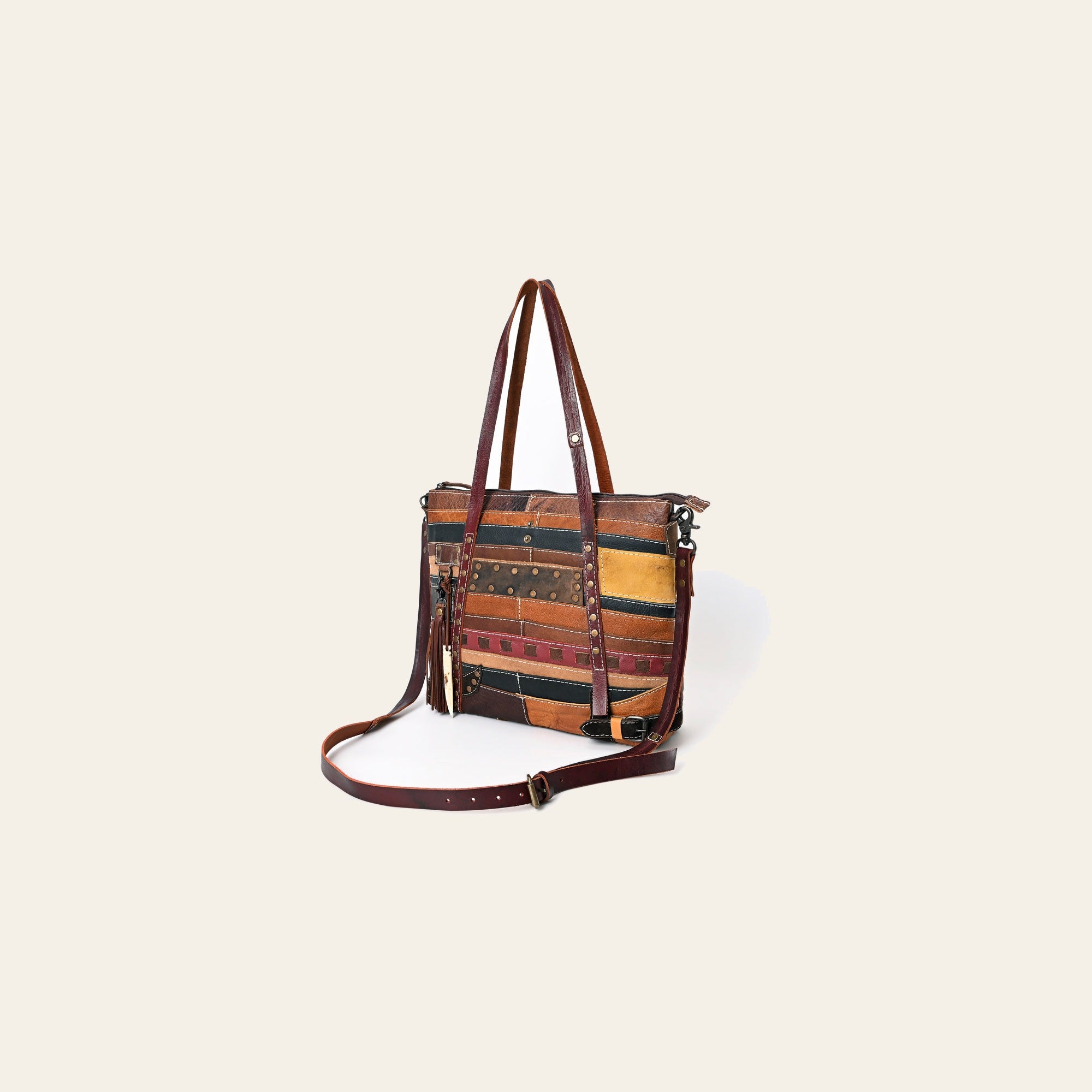 American Darling Leather Tote Bag – Colorful Leather Stripes, Western Style Handbag, Spacious Design