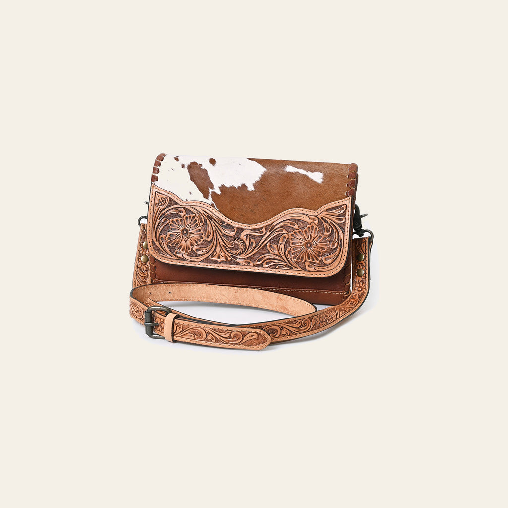 American Darling Hand-Tooled Hair-On Leather Crossbody Bag for Women – Genuine Western Cowhide Purse with Adjustable Strap and Floral Carving