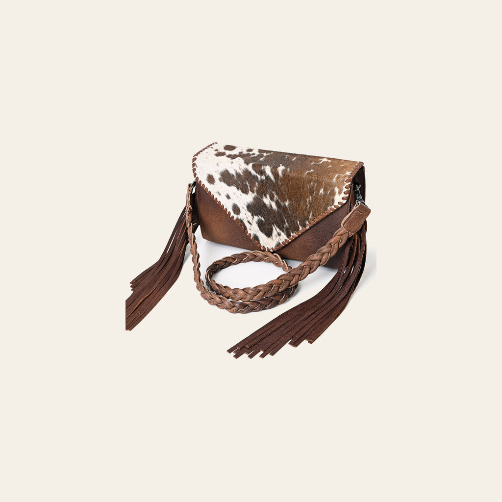 American Darling Hair-On Leather Envelope Bag for Women – Genuine Western Cowhide Crossbody Purse with Braided Strap and Fringe