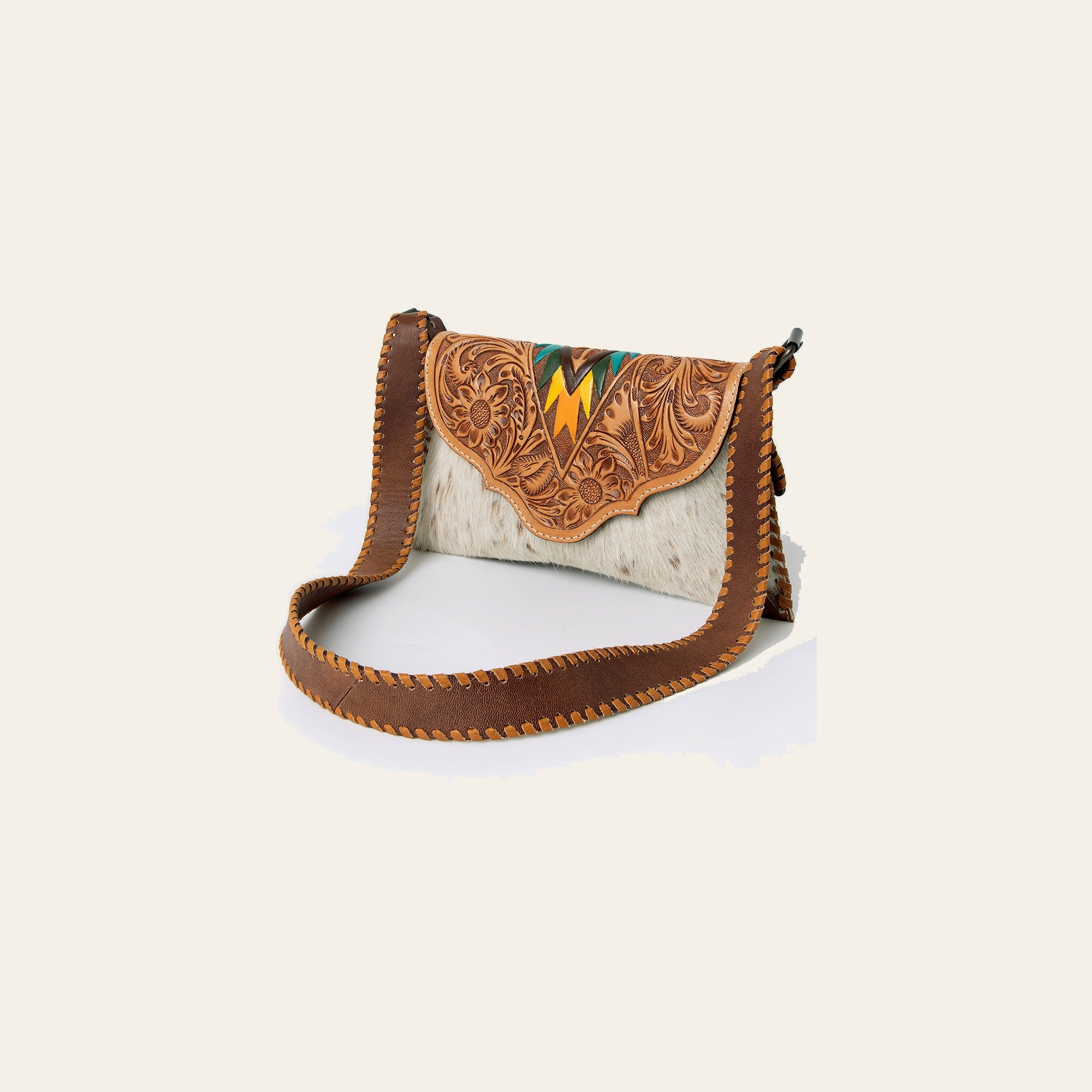 American Darling Hand-Tooled Hair-On Leather Wallet Handbag for Women – Genuine Cowhide Crossbody Purse with Tooled Flap and Contrast Stitching