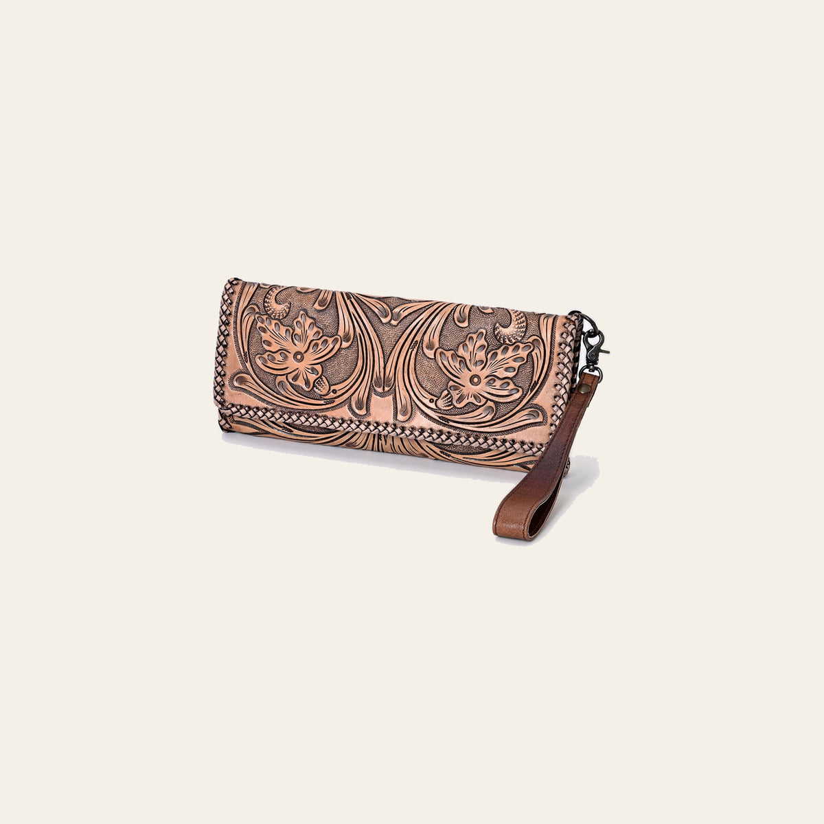 American Darling Western Hand-Tooled Leather Wallet Handbag for Women – Genuine Leather Floral Carved Designer Purse with Wristlet Strap