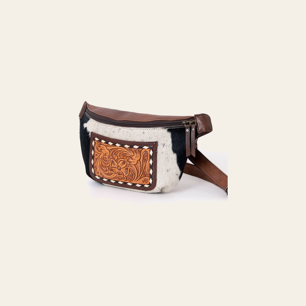 American Darling Hair-On Cowhide Fanny Pack – Genuine Leather Hand-Tooled Western Belt Bag with Adjustable Strap for Everyday and Travel Use