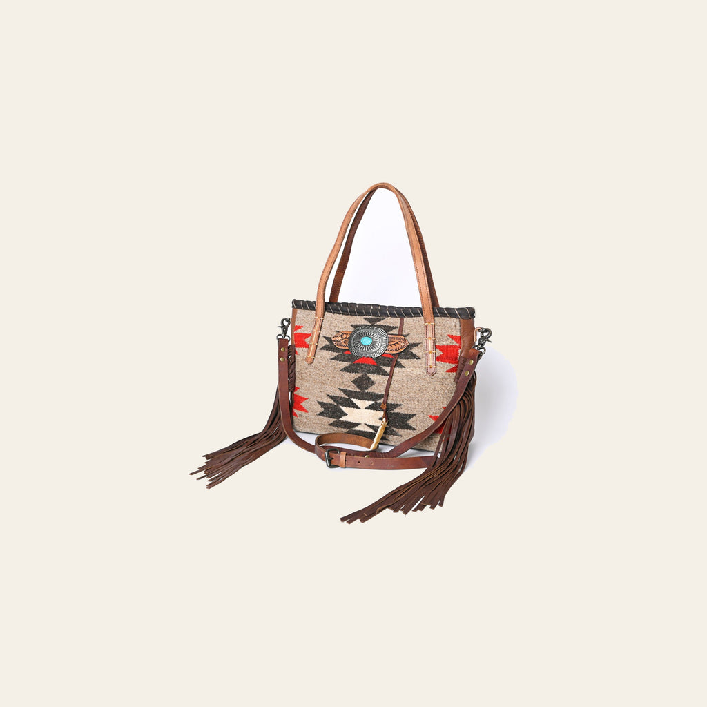 American Darling Handcrafted Western Leather Tote Bag with Native American Handwoven Design, Turquoise Button, Fringes, and Adjustable Strap