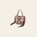 American Darling Handcrafted Western Leather Tote Bag with Native American Handwoven Design, Turquoise Button, Fringes, and Adjustable Strap