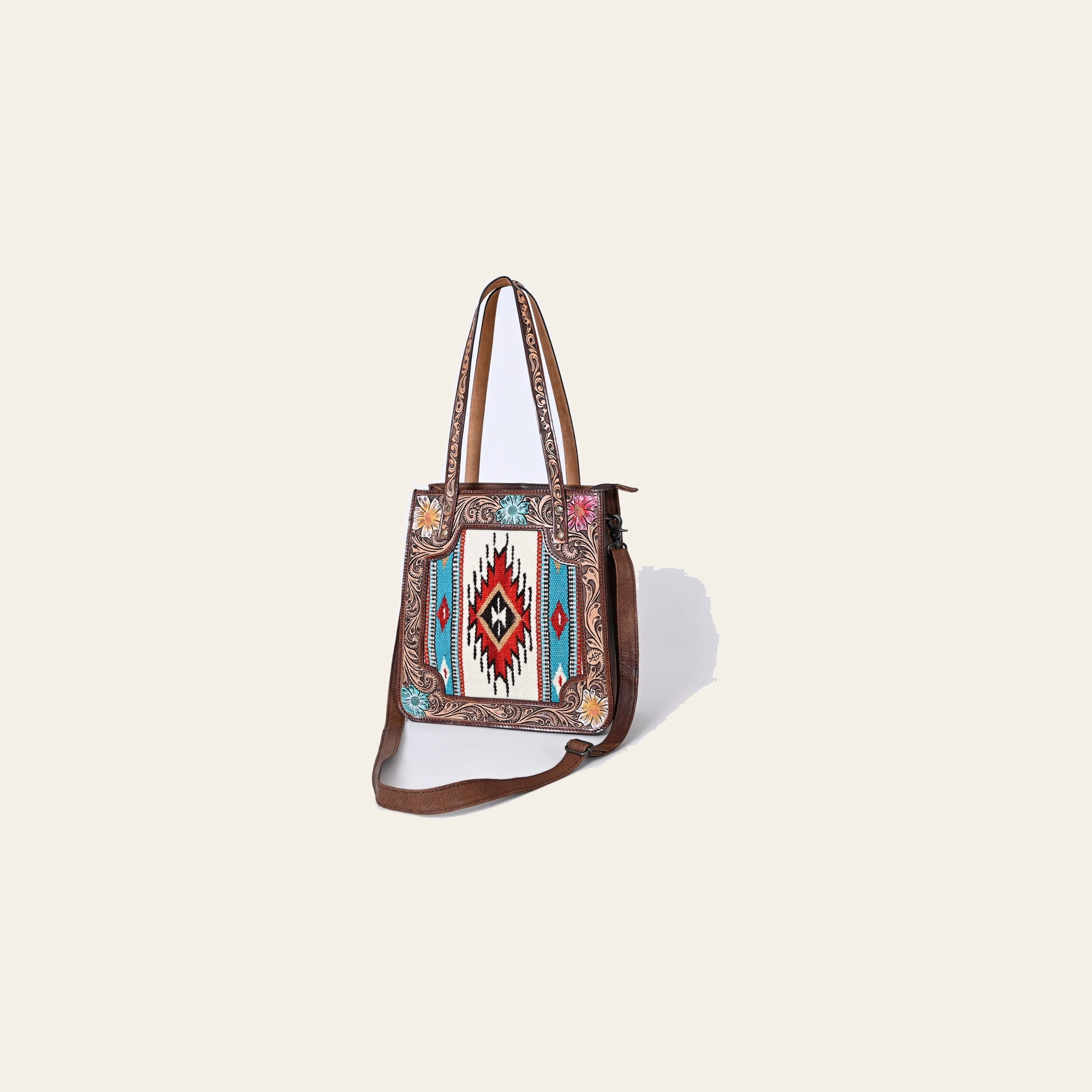American Darling Western Tote Bag Handcrafted from Saddle Blanket & Genuine Leather | Hand Tooled Floral Purse with Painted Accents