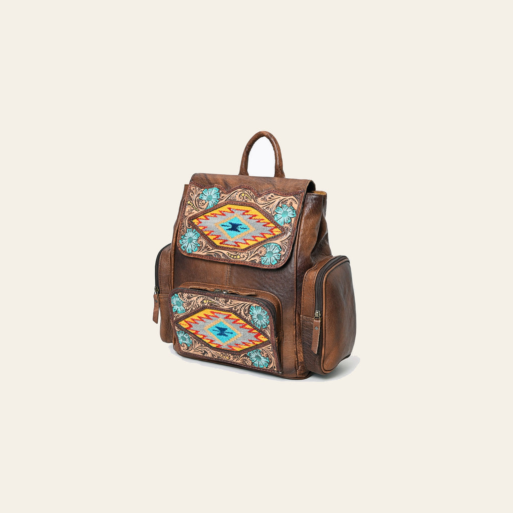 American Darling Western Backpack Handcrafted from Tooled Leather & Saddle Blanket | Panel Purse with Multiple Pockets
