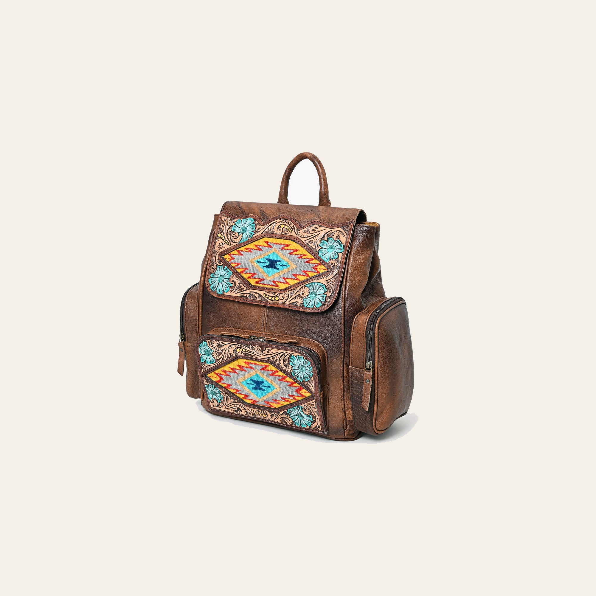 American Darling Western Backpack Handcrafted from Tooled Leather & Saddle Blanket | Panel Purse with Multiple Pockets