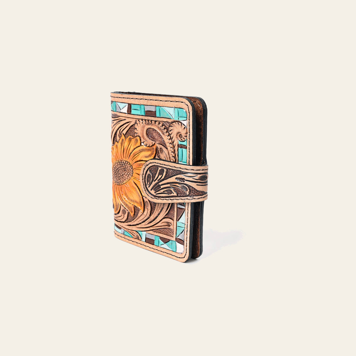 American Darling Western Wallet Handcrafted from Tooled Leather | Sunflower Carved with Mosaic Inlay & Snap Closure