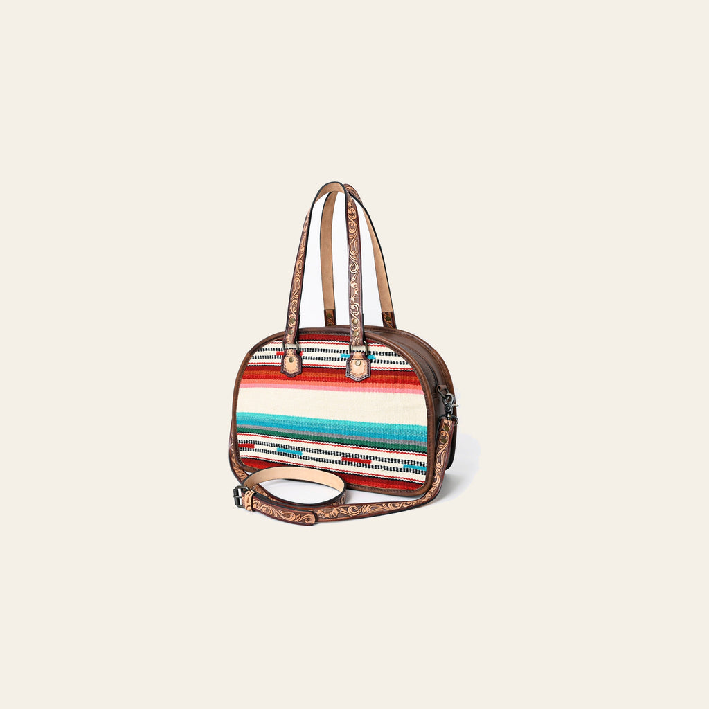 American Darling Western Tote Bag Handcrafted from Saddle Blanket & Genuine Leather | Tooled Strap Detail & Multi-Color Stripe Purse