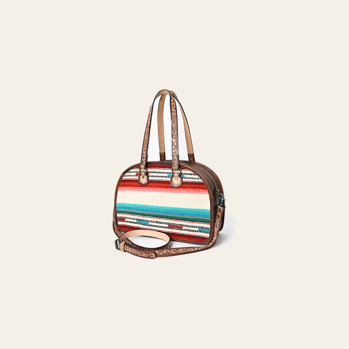 American Darling Western Tote Bag Handcrafted from Saddle Blanket & Genuine Leather | Tooled Strap Detail & Multi-Color Stripe Purse