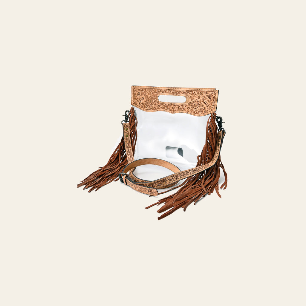 American Darling Western Clear Bag with Long Leather Fringe | Hand Tooled Floral Leather Trim & Carry Handle