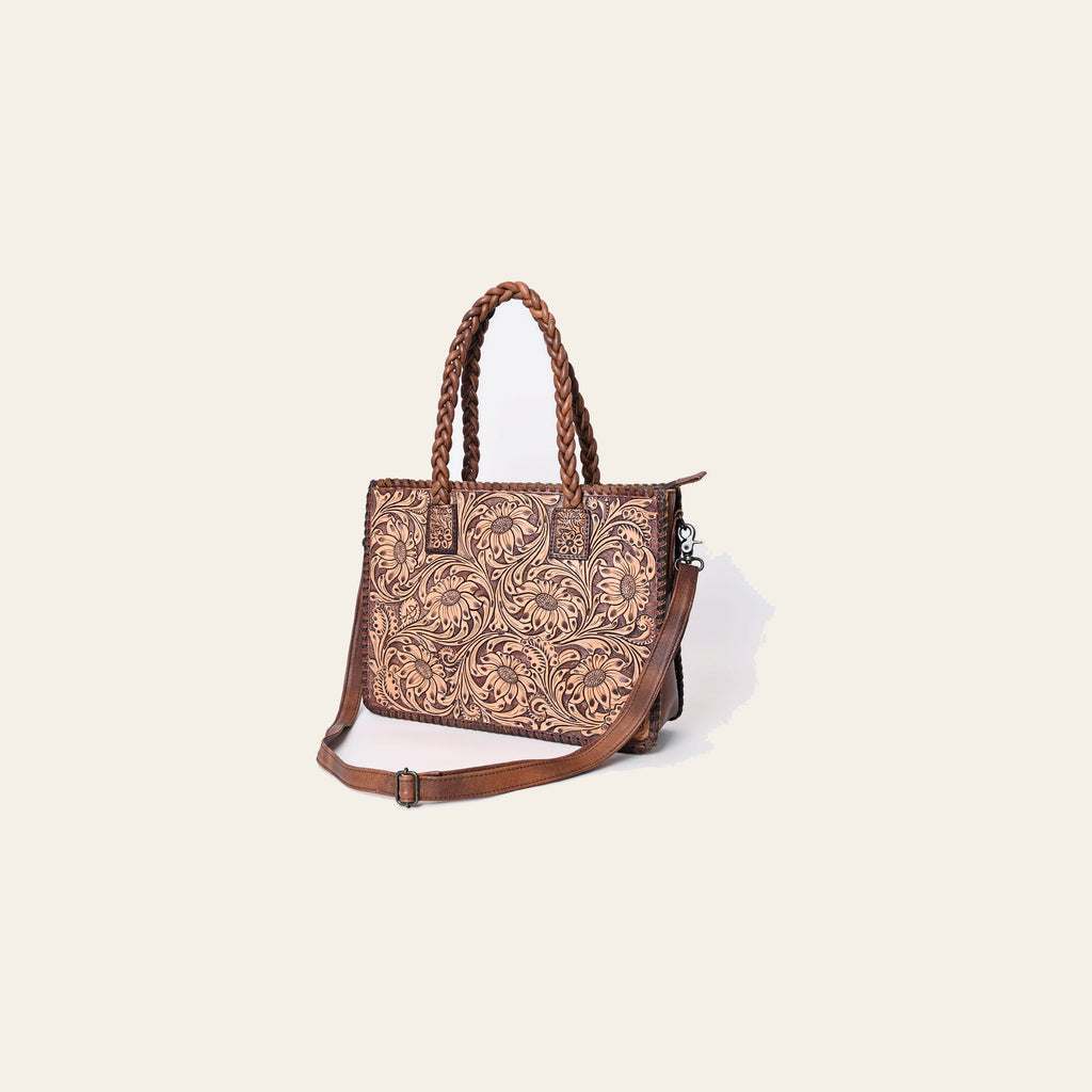 American Darling Western Tote Bag Handcrafted from Hand Tooled Genuine Leather | Floral Carved Purse with Braided Handles & Crossbody Strap