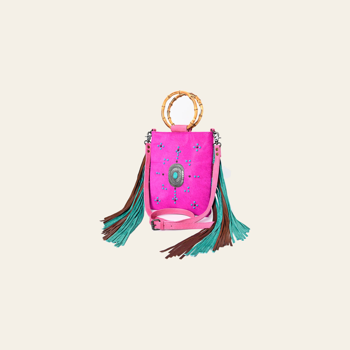 American Darling Western Crossbody Bag Handcrafted from Hair-On Cowhide | Two-Tone Fringe, Bamboo Handle & Concho Accent