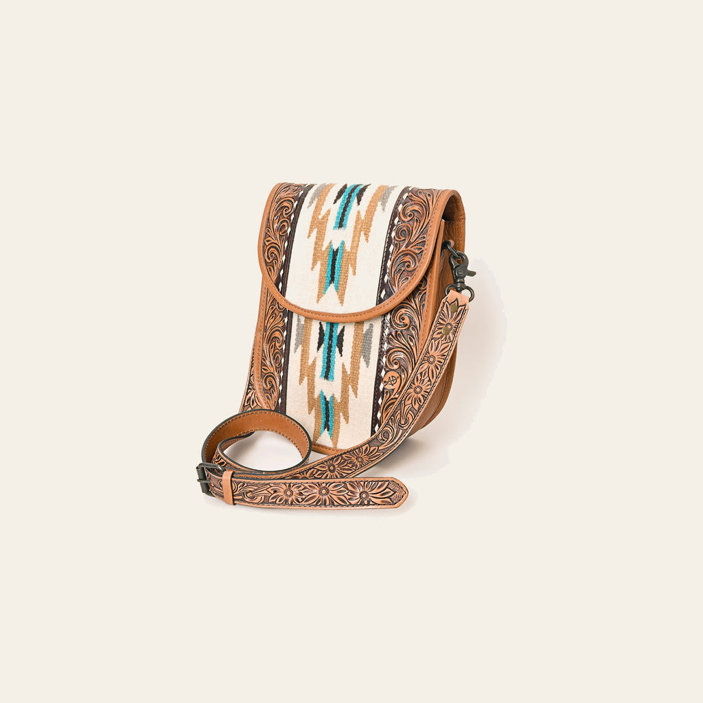 American Darling Western Crossbody Bag Hand Tooled Floral Carved Leather with Saddle Blanket 11in (H) X 9in (W) X 4in (D)