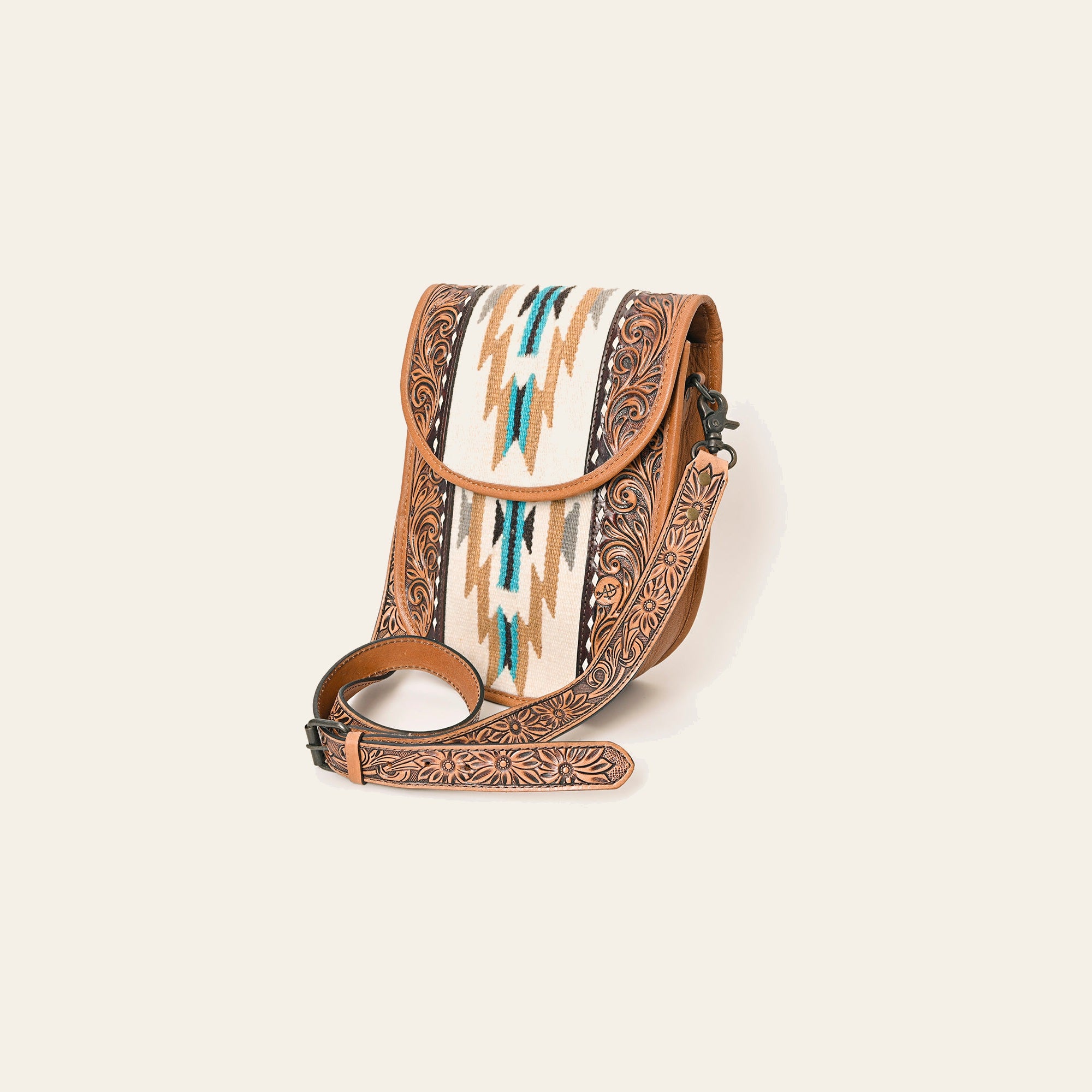 American Darling Western Crossbody Bag Hand Tooled Floral Carved Leather with Saddle Blanket 11in (H) X 9in (W) X 4in (D)