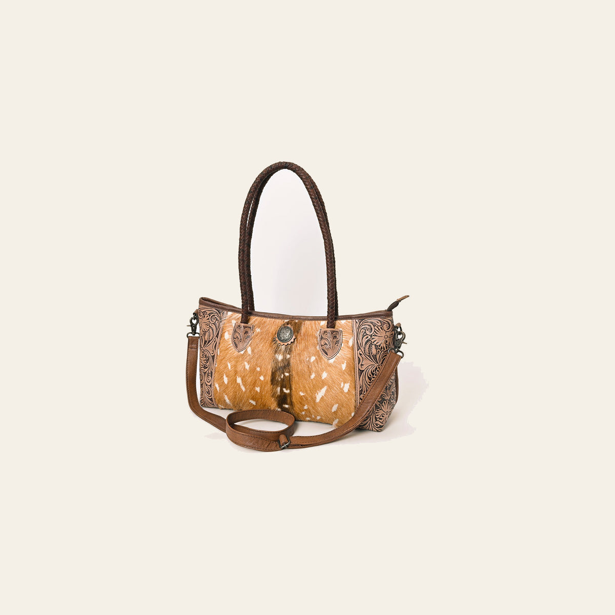 American Darling Western Tote Bag with Hair-On Cowhide, Hand-Tooled Leather, Dual Handles & Removable Strap – Genuine Leather
