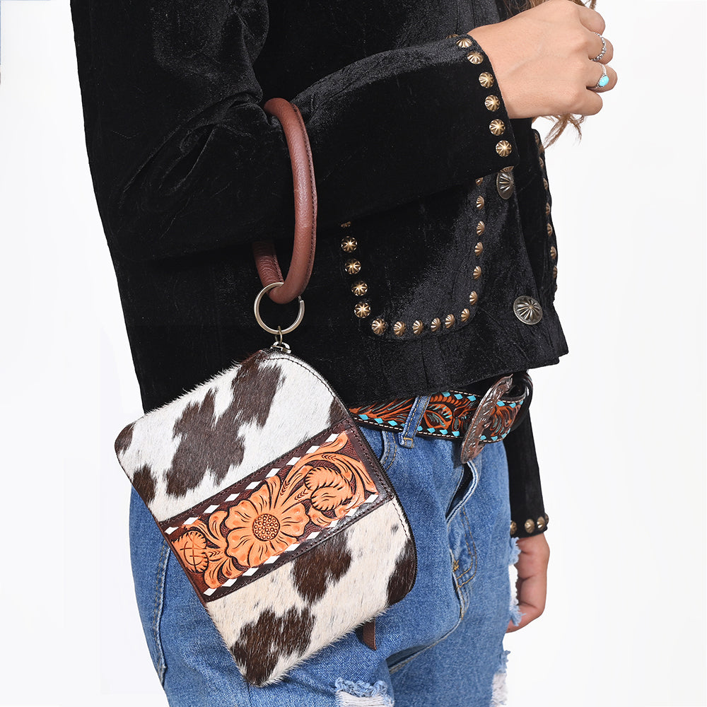 American Darling Western Wristlet Pouch Handcrafted from Hair-on Cowhide & Hand-Tooled Leather | Floral Carved Panel & Oversized O-Ring Handle
