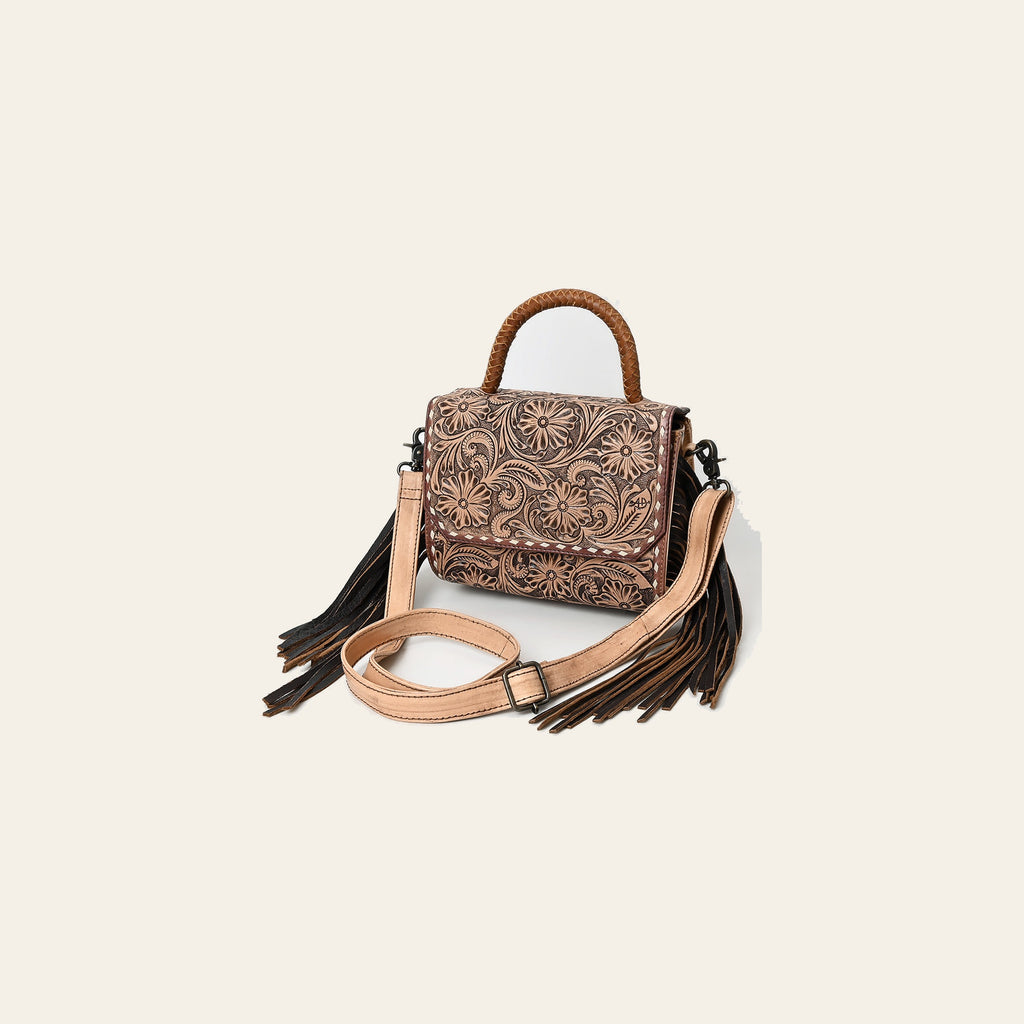 American Darling Hand-Tooled Genuine Leather Messenger Bag with Floral Carving Fringe Buck-Stitching & Crossbody Strap