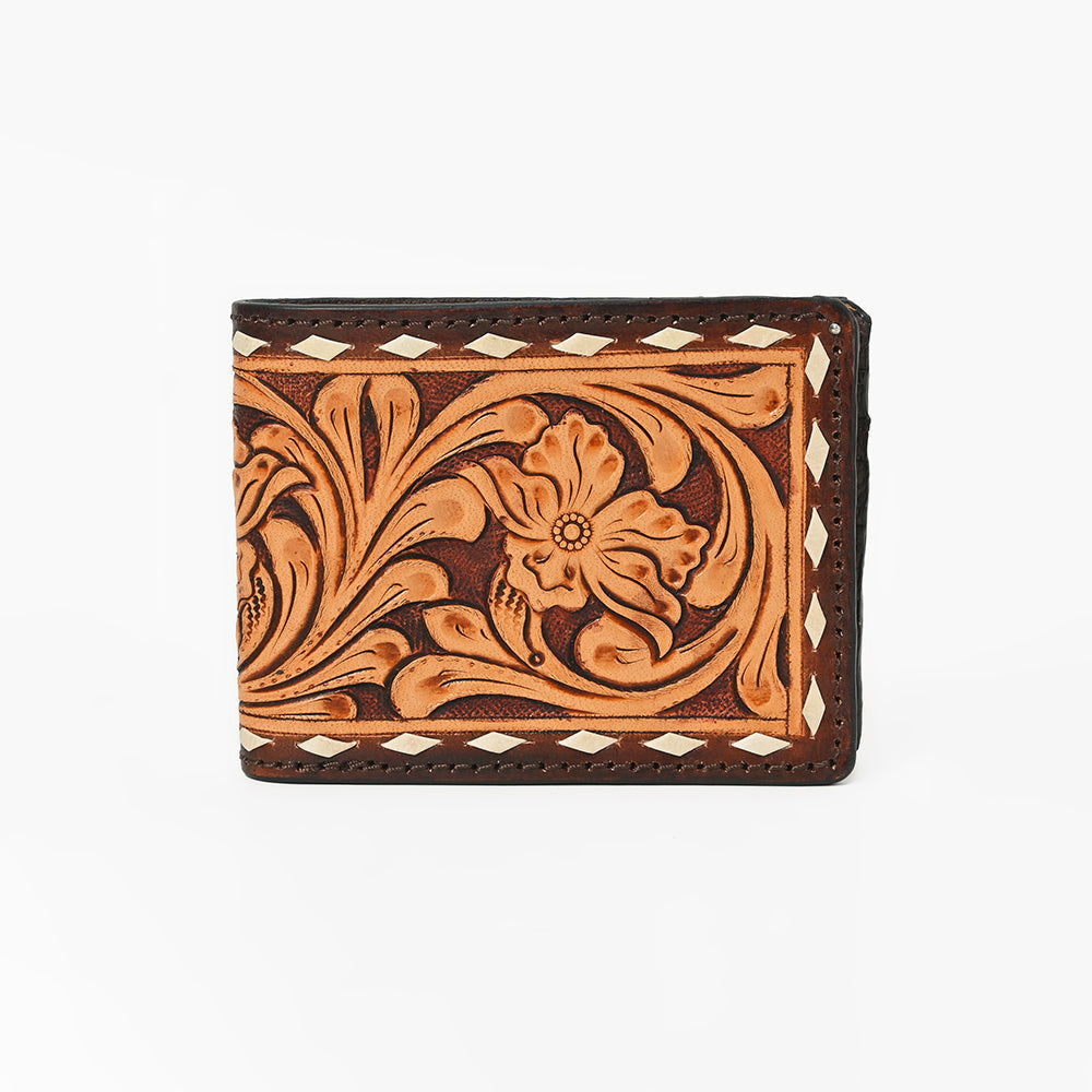 American Darling Hand-Tooled Leather Wallet Hand Bag with Floral Carving Buck Stitching Full-Grain Leather Compartments & Durable Construction