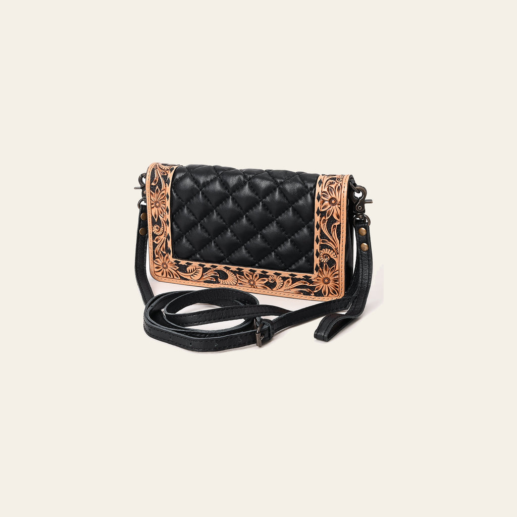 American Darling Handcrafted Western Leather Crossbody Bag - Quilted Design with Floral Tooled Panel - Genuine Leather