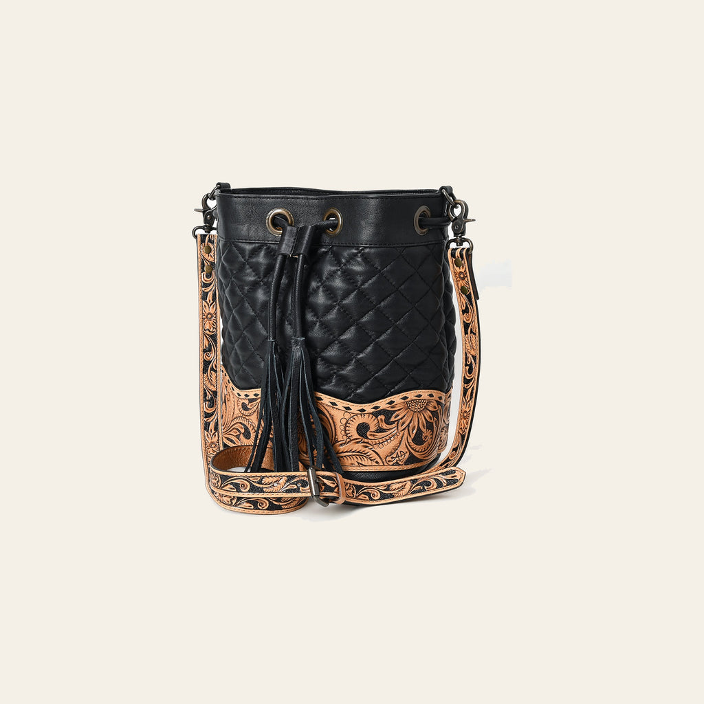 American Darling Genuine Leather Hand-Tooled Floral Quilted Bucket Bag with Tassels and YKK Zipper