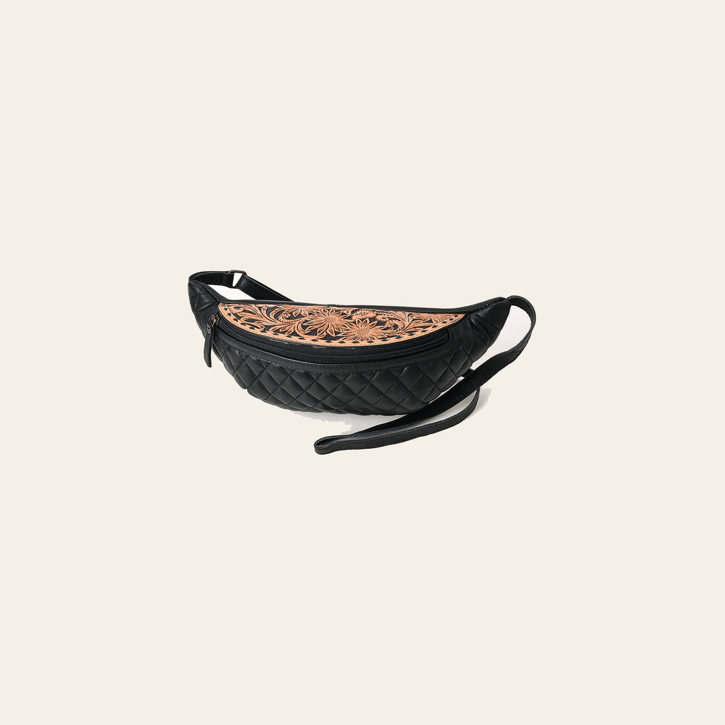 American Darling Western Fanny Pack Handcrafted from Quilted & Tooled Genuine Leather | Floral Carved Accent, Buckstitch & YKK Zipper