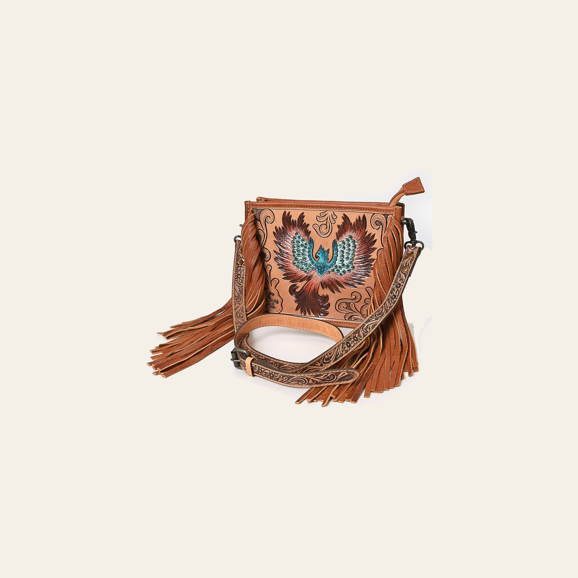 American Darling Cross body Bag for Women, Hand Tooled Floral Carved Vegetable-Tanned Full Grain Leather with Fringes