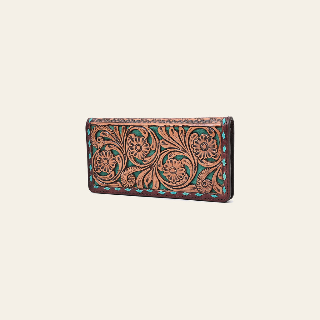 American Darling Wallet Bag for Women, Hand Tooled Floral Carved Vegetable-Tanned Full Grain Leather, Buck Stitched Western Clutch