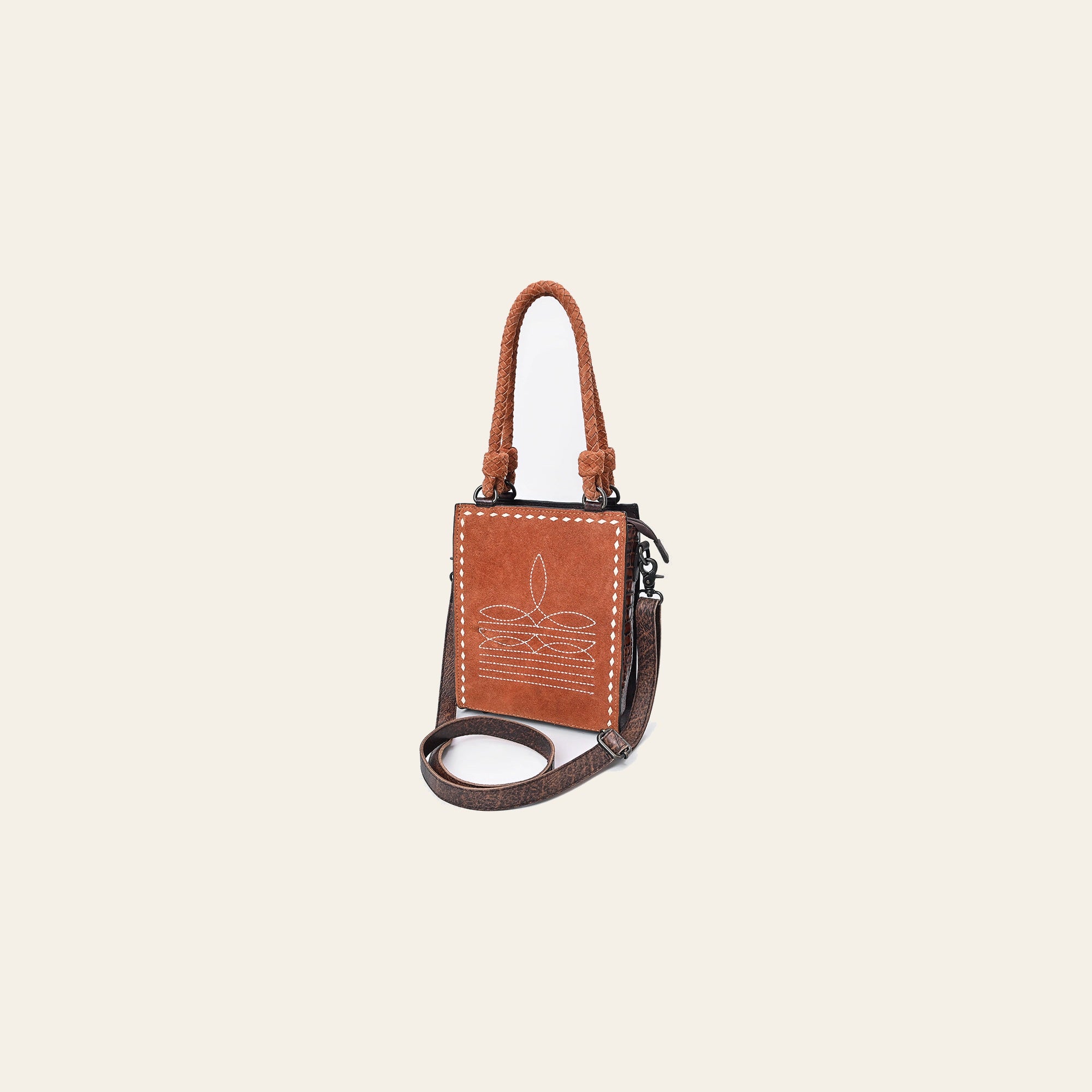 American Darling Tote Bag, Genuine Suede Leather, Boot Stitched Western Purse, 10in x 8in x 3in