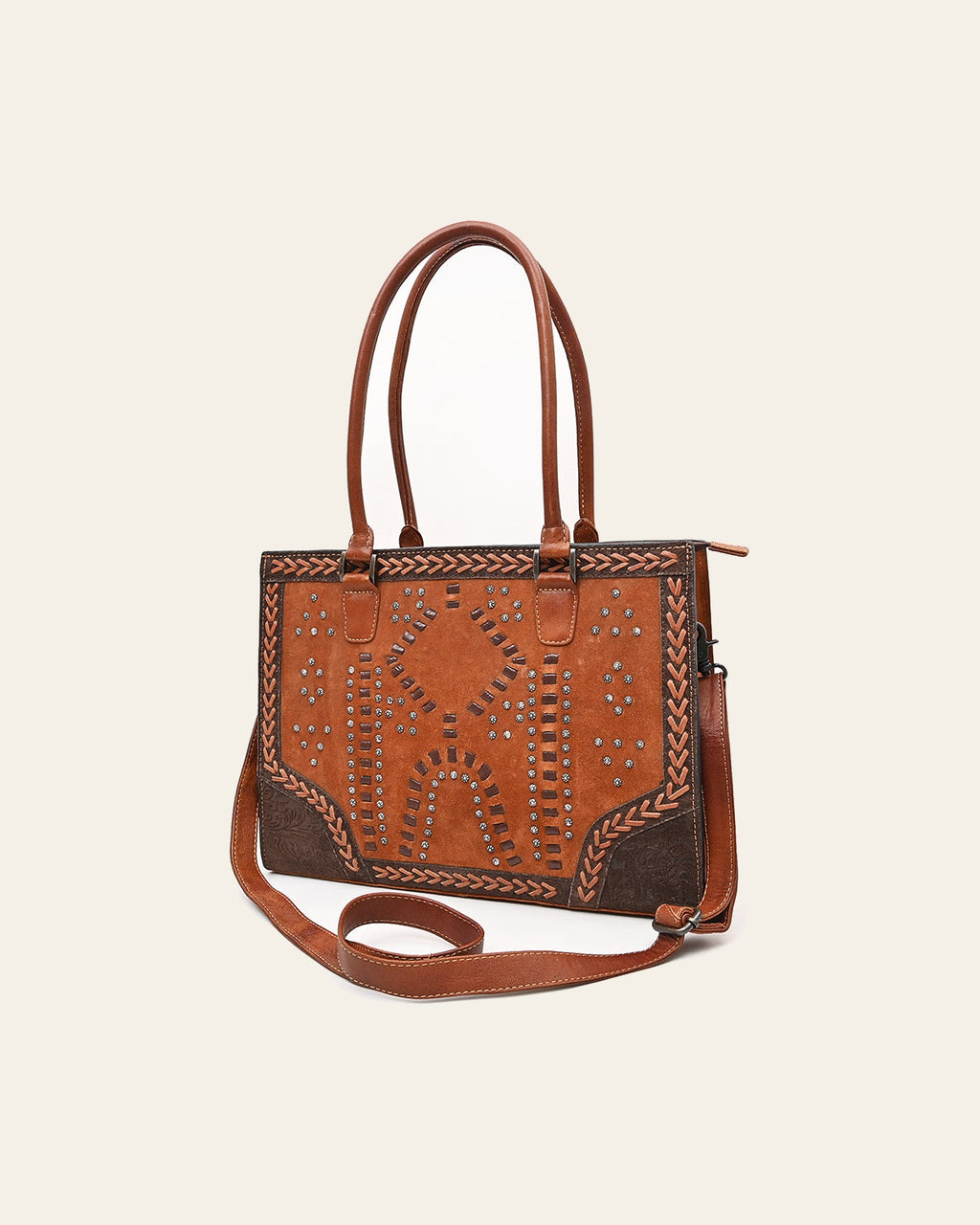 American Darling Tote Bag, Genuine Suede & Damascus Embossed Leather, Western Purse with Braided Accents,
