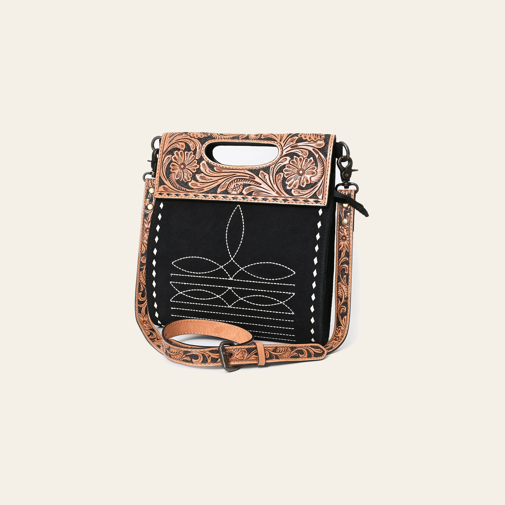 American Darling Clutch Bag, Hand-Tooled Floral Leather & Genuine Suede Western Crossbody Boot Stitching YKK Zipper