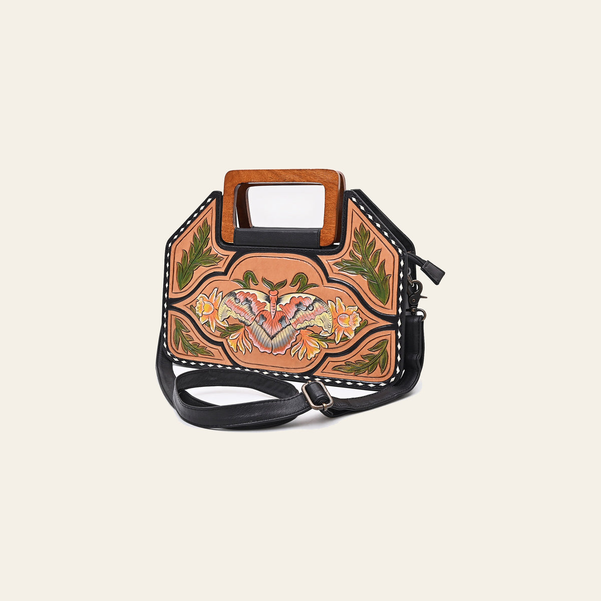 American Darling Hand-Tooled Cross body Bag, Floral Carved Buck Stitched Genuine Leather Western Handbag, YKK Zipper