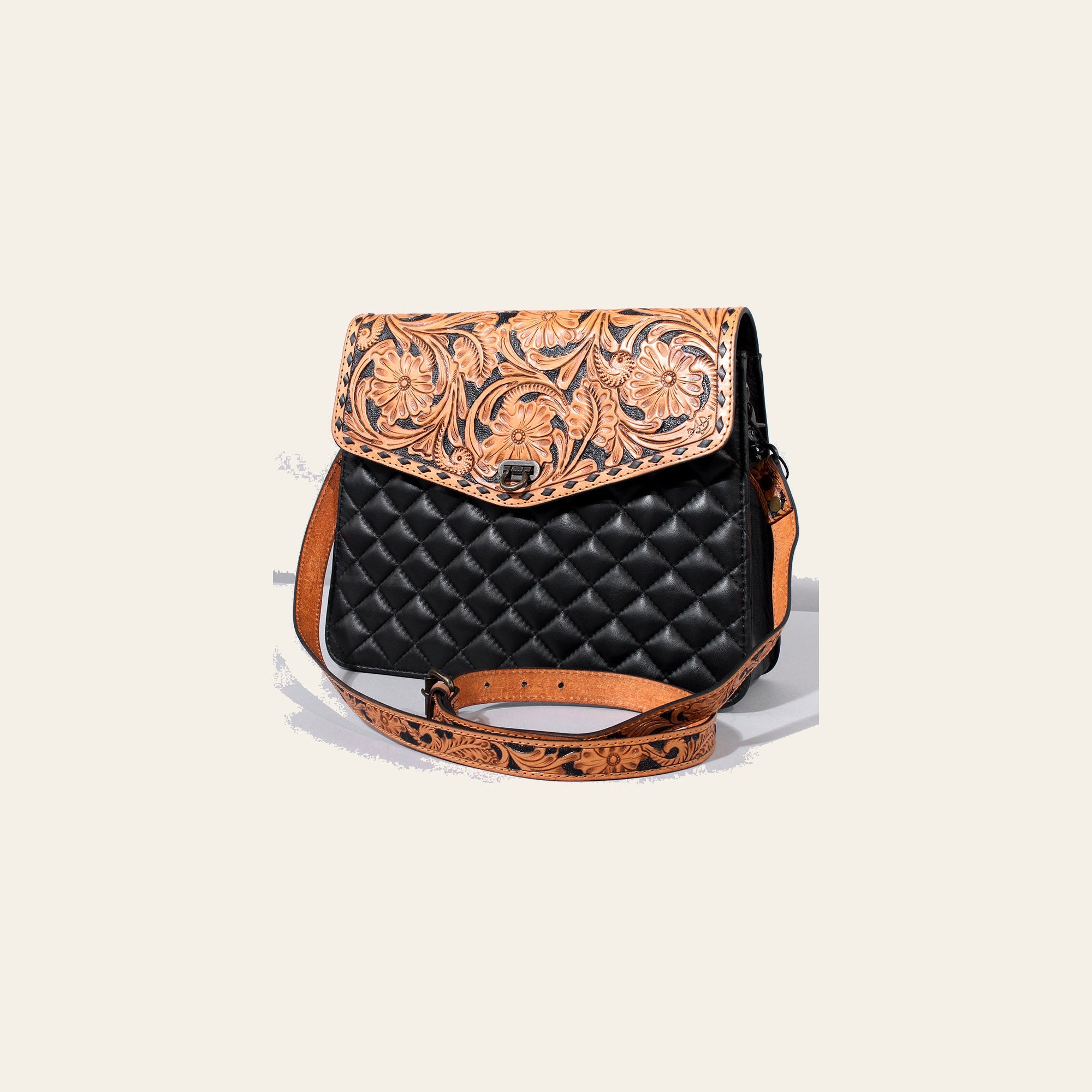 American Darling Hand-Tooled Cross body Bag, Quilted Floral Carved Genuine Leather Western Purse, YKK Zipper