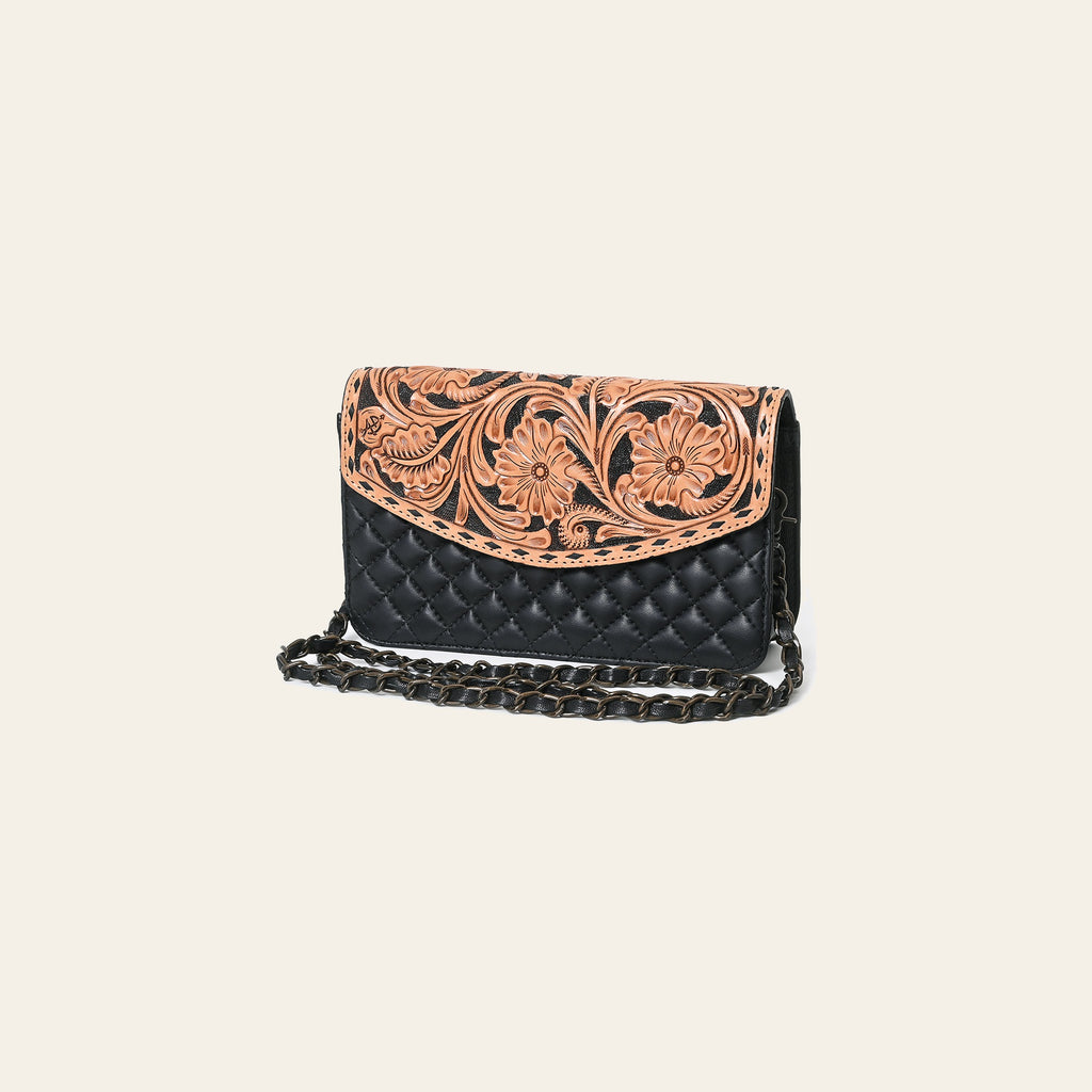 American Darling Hand-Tooled Wallet Bag, Quilted Floral Carved Genuine Leather Western Purse, YKK Zipper
