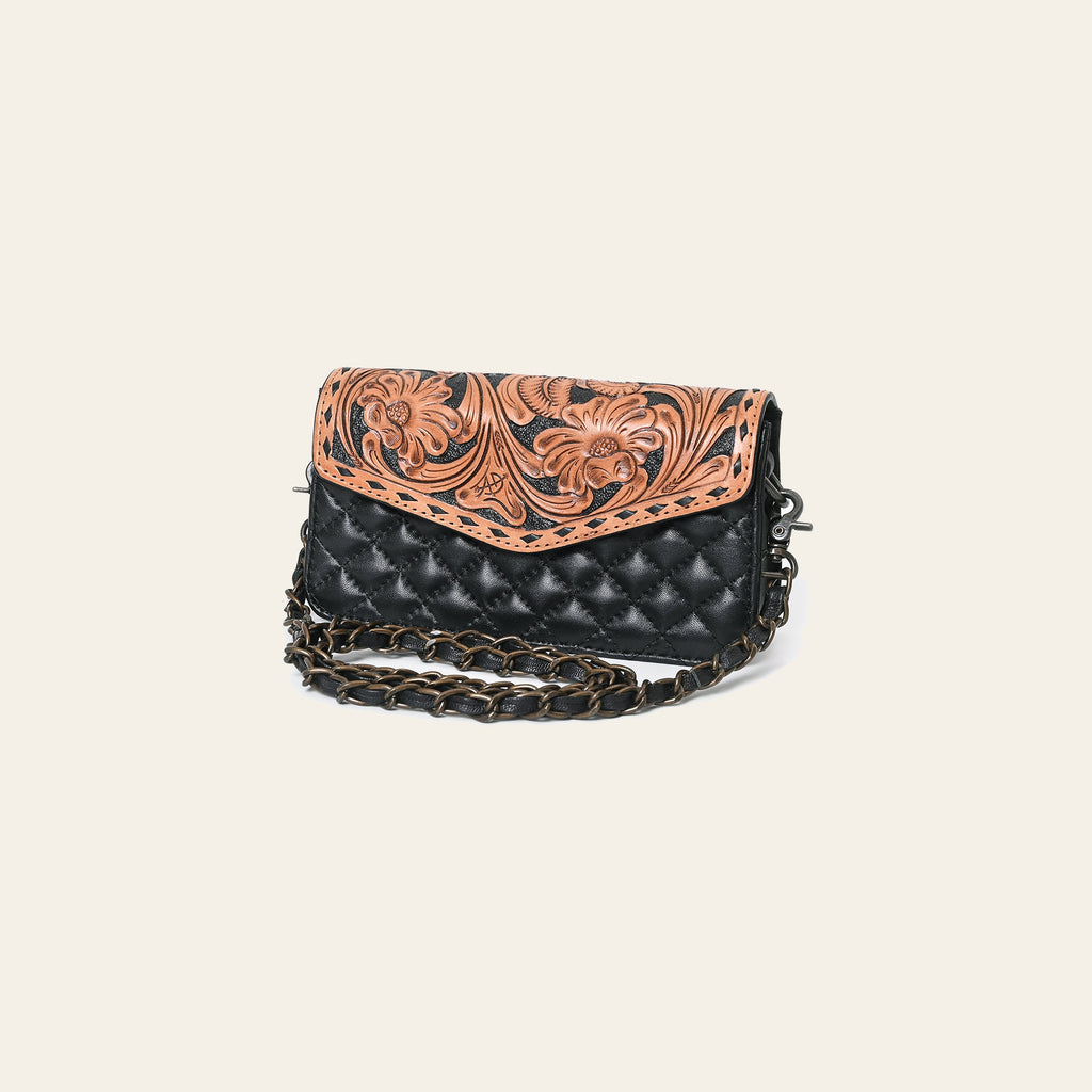 American Darling Small Cross body Bag, Quilted Floral Carved Genuine Leather Western Purse, YKK Zipper