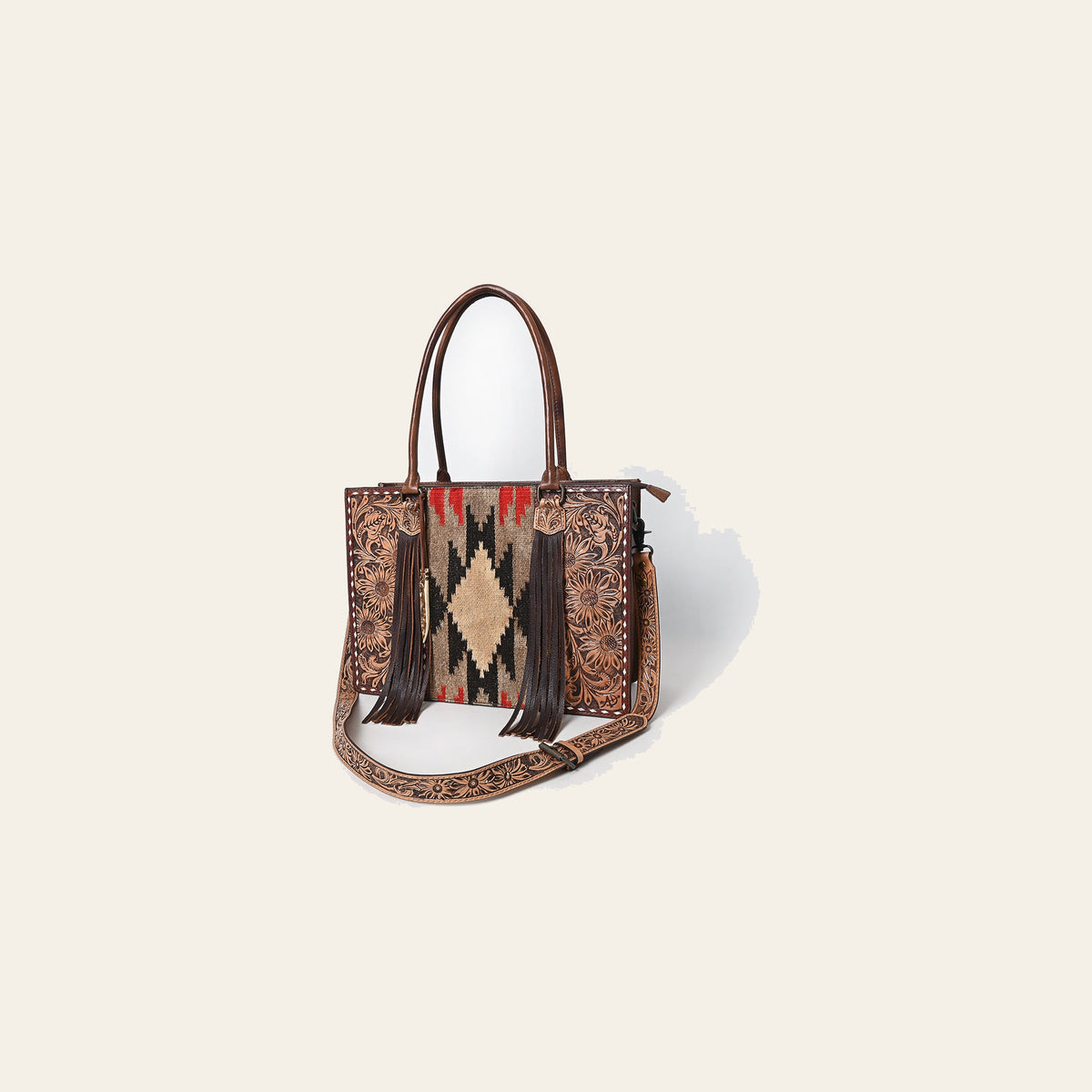 American Darling Hand-Tooled Handcrafted Tote Bag, Floral Carved & Woven Saddle Blanket Leather Western Purse with Fringes
