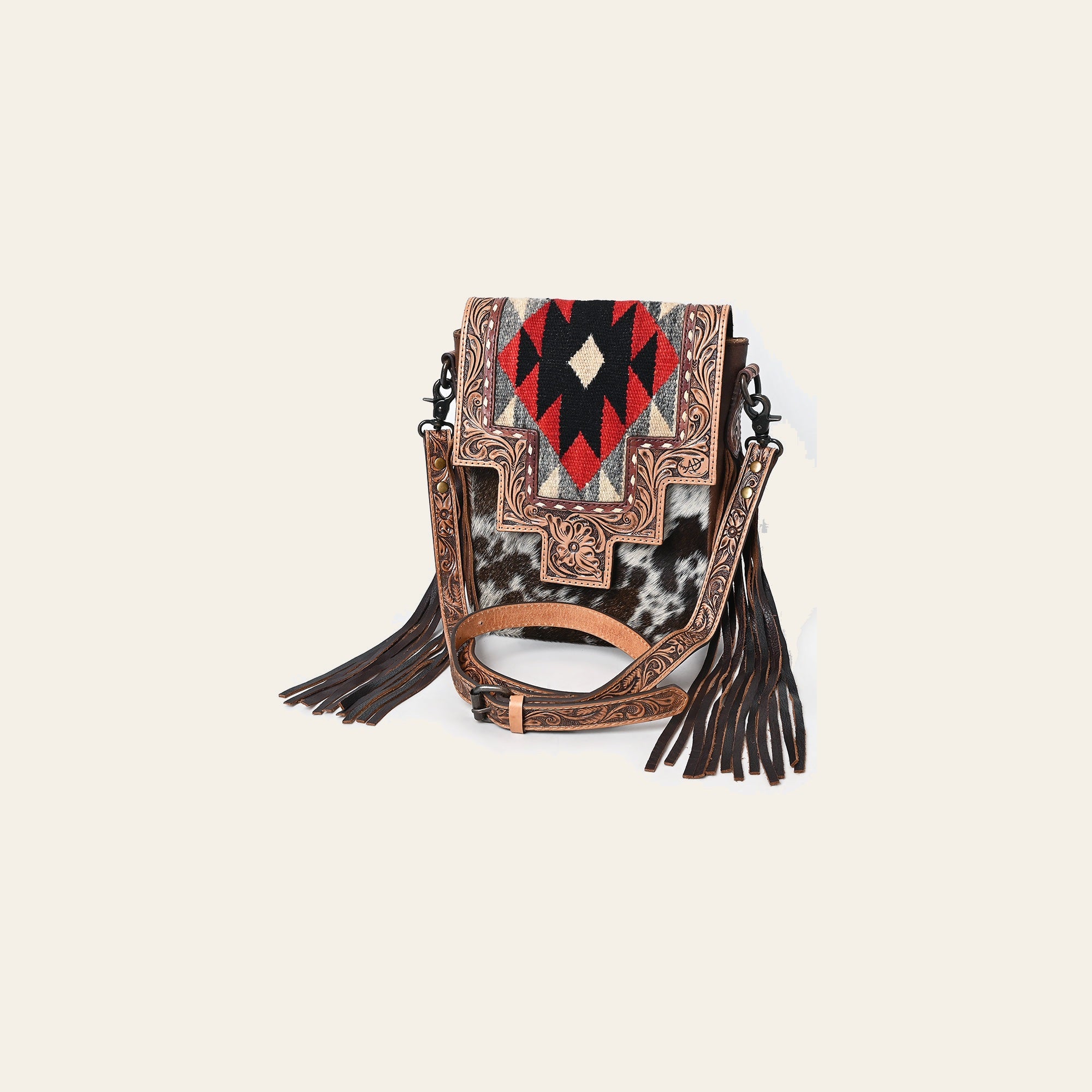 American Darling Messenger Bag, Hand Tooled Floral Carved & Hand Woven Saddle Blanket Cowhide Western Purse with Fringes