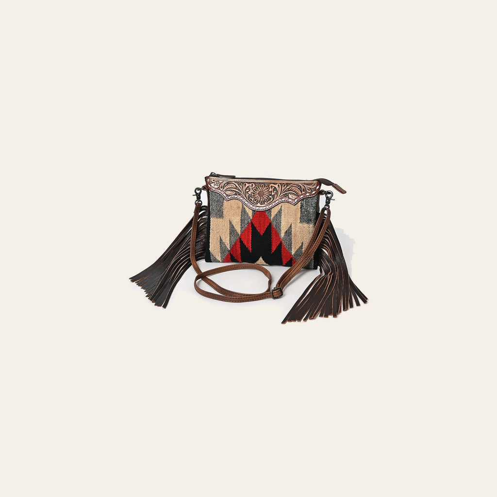 American Darling Cross body Bag, Hand Tooled Floral Leather & Woven Saddle Blanket Western Purse with Fringes, 10in Wide