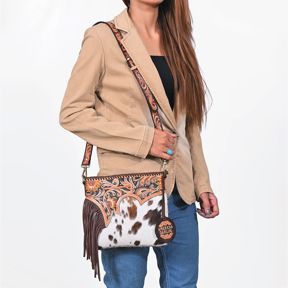 American Darling Women's Leather Hair-On Cowhide Tooled Leather Fringe Crossbody Shoulder Bag