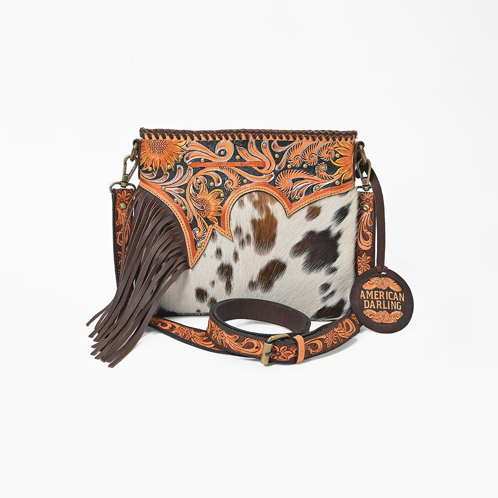 American Darling Women's Leather Hair-On Cowhide Tooled Leather Fringe Crossbody Shoulder Bag