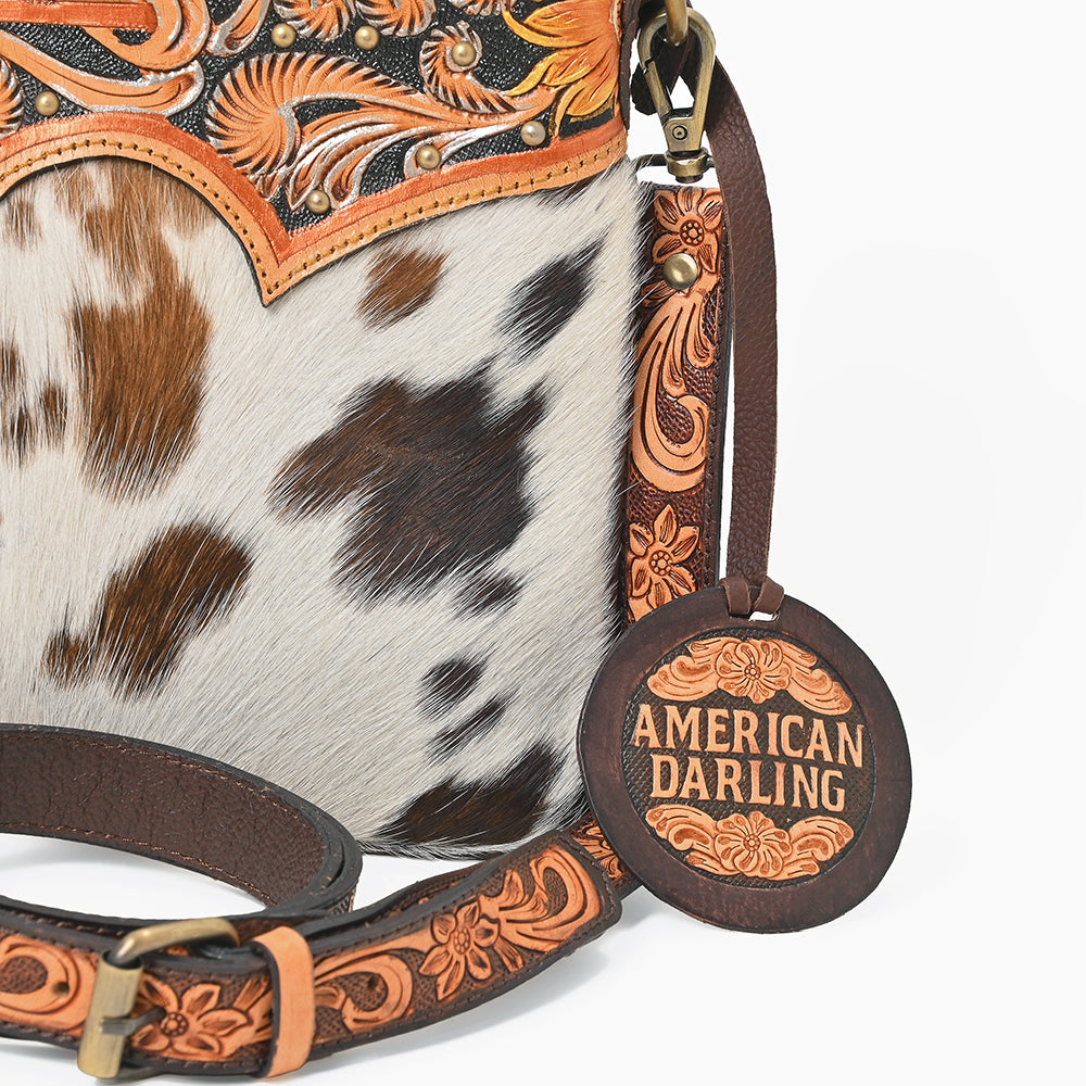 American Darling Women's Leather Hair-On Cowhide Tooled Leather Fringe Crossbody Shoulder Bag