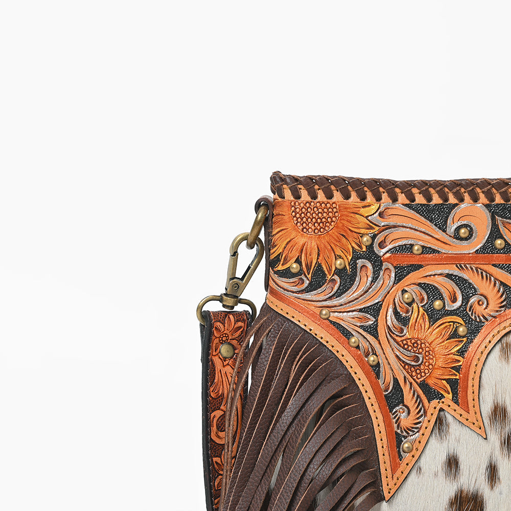 American Darling Women's Leather Hair-On Cowhide Tooled Leather Fringe Crossbody Shoulder Bag