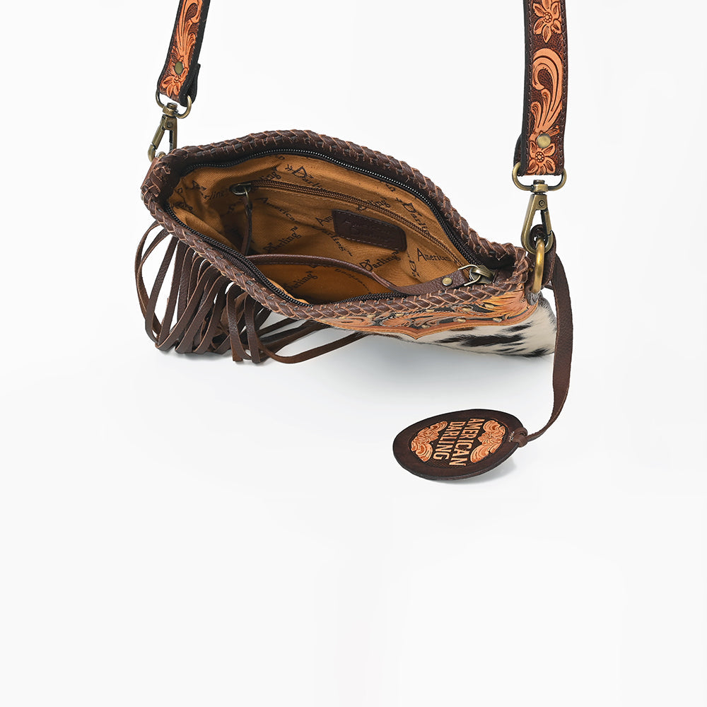American Darling Women's Leather Hair-On Cowhide Tooled Leather Fringe Crossbody Shoulder Bag