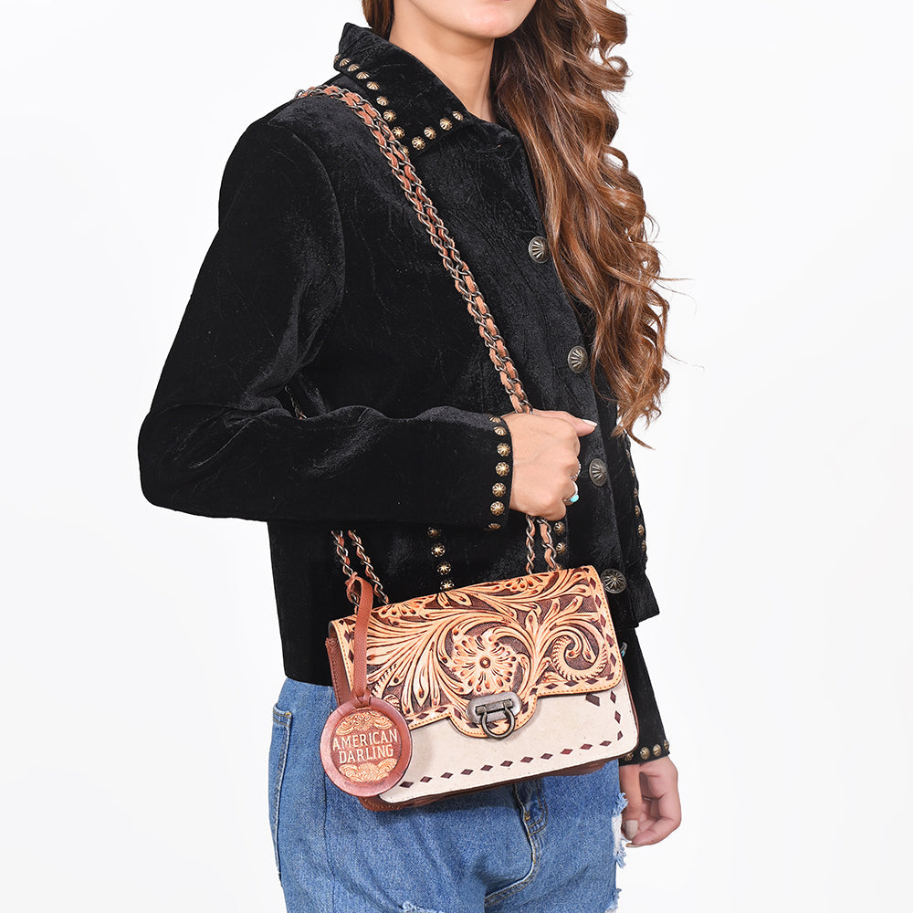 American Darling Cross Body Bag Hand Tooled Floral Carved Buck Stitched Genuine Suede Leather Western Purse